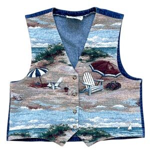 Beach Scene Vtg 1990s Tapestry Front On The Verge Denim Vest Women’s Size (M/L)